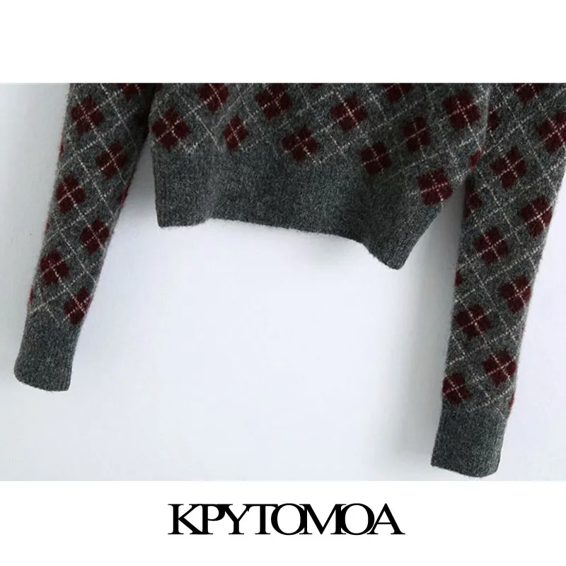 KPYTOMOA Kvinder 2020 Mode Med Argyle Beskåret Strikket Sweater Vintage Revers Krave Lange Ærmer Kvindelige Pullovere Smarte Toppe 3
