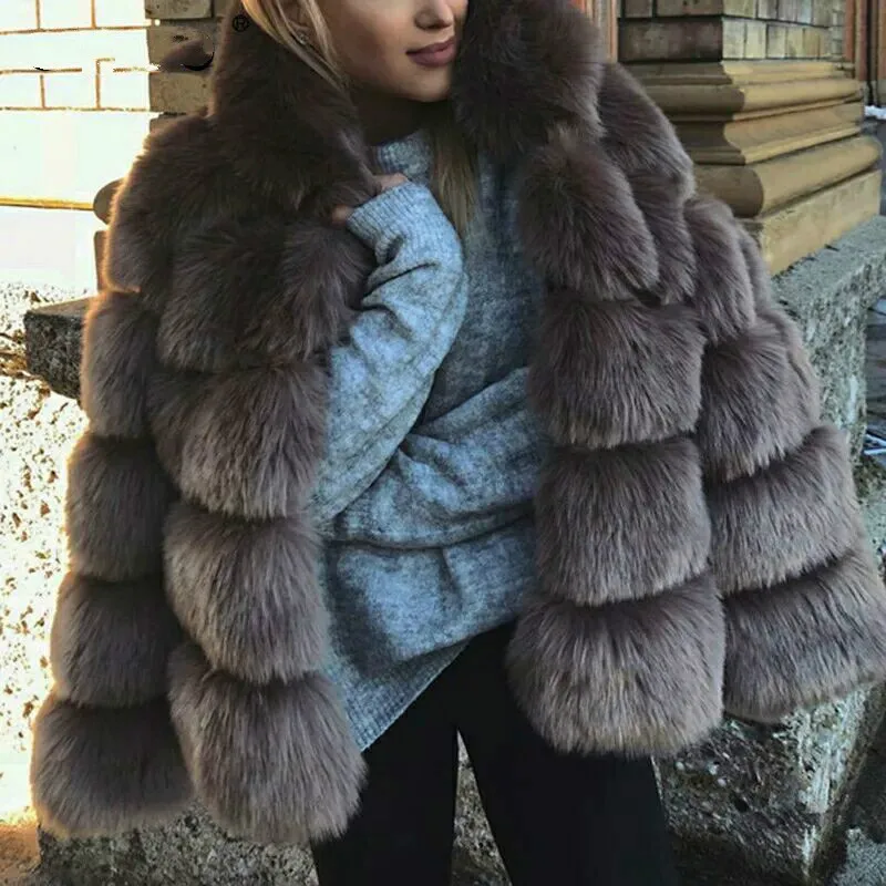 Mode Faux Fur Frakke Med Hætte Mode, varm, Løs Sort Hvid Grå Imiteret Pels Jakke med Lange Ærmer Winter Plus Size Kvinder 3