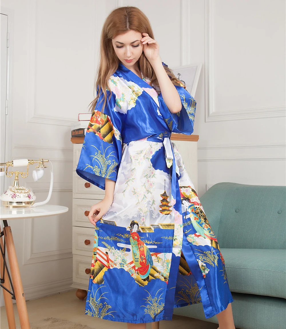 Nyhed Trykt Lang Stil Kvinders Kimono Kjole Vintage Trykt Natkjole Morgenkåbe Satin Nattøj Slåbrok One Size M05 3