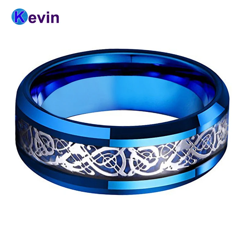 Mænd Kvinder Bryllup Band Blue Wolfram Ring Med Blå Carbon Fiber Og Dragon Indlæg 8MM Comfort Fit 3