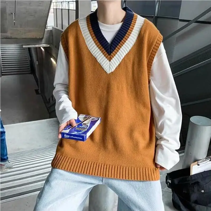 Mænd Sweater Vest Med V-Hals Udskrive Enkle Design Hanner Fritid Smarte Løs Trendy Studerende Street Outwear Koreansk Stil Strikket Mode 3