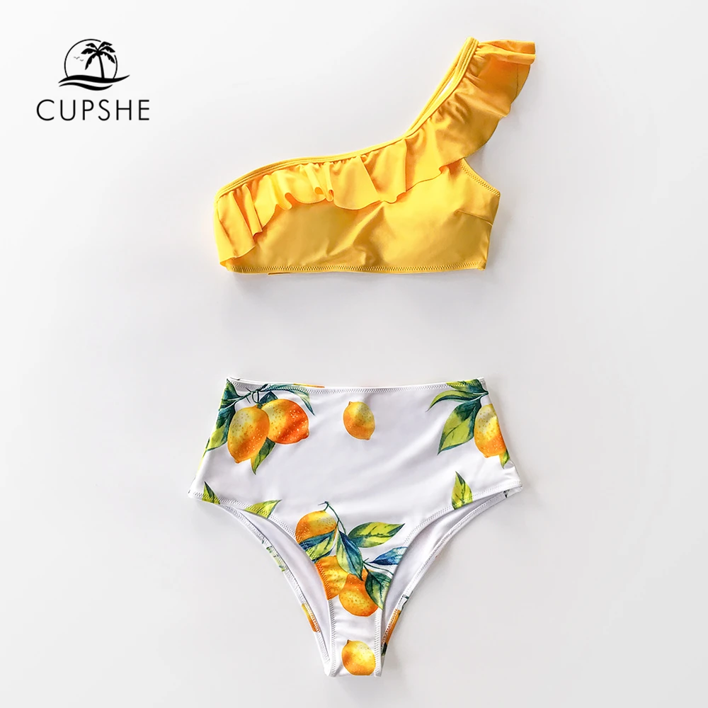 CUPSHE Gul Citron Print Ene Skulder Højtaljede Bikini Sæt Sexet Badedragt To Stykker Badetøj Kvinder 2021 Stranden i badetøj 3