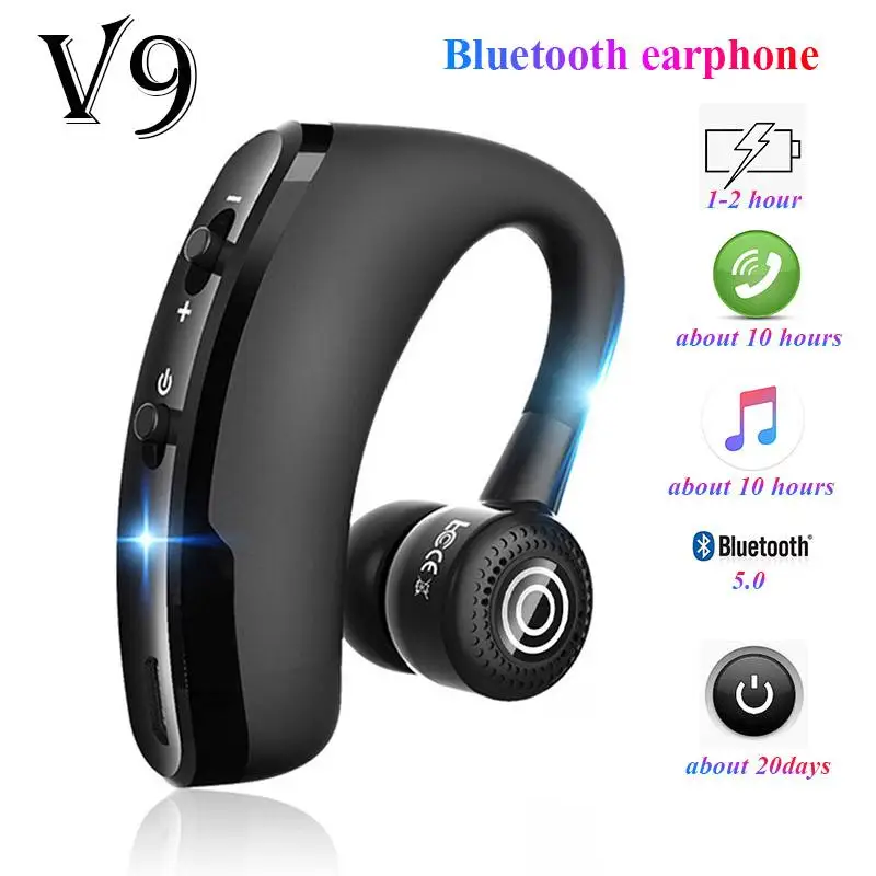 V9 hovedsæt, Håndfri Bluetooth-hovedtelefoner, trådløse headset Forretning headset Kørsel Opkald Sports høretelefoner til iphone, Samsung 3