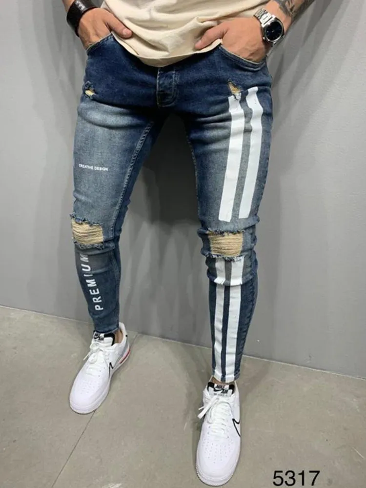 Mænd ' s Tynde slidte Jeans Slim Moto & Biker Blyant Bukser Side Stribe Brev Udskrivning StreetwearJogging Denim Kostume til Mænd 3