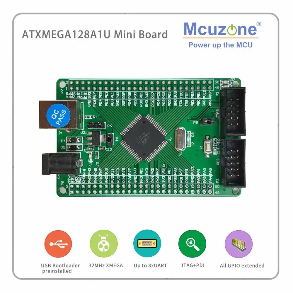 ATxmega128A1U Mini Board, 12 bit ADC, DAC, 8UART, USB-Enhed, JTAG PDI, USB-boot-Loader leveres XMEGA128A1 U 128A1U AVR atmel 3