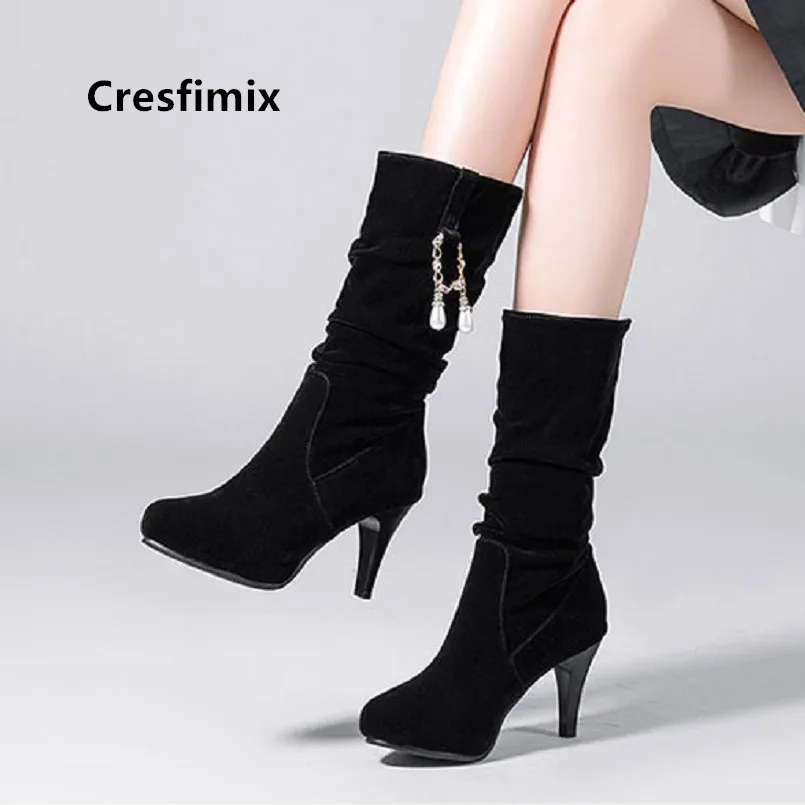 Cresfimix teenager mode sød plus størrelse 34 til 43 efteråret lange støvler kvinder fashion sort pu læder vinterstøvler botas a6026 3