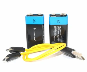 4STK Etinesan 9V 4500mWh lithium-ion li-polymer genopladelige batterier + USB-oplader-kabel-sæt 4