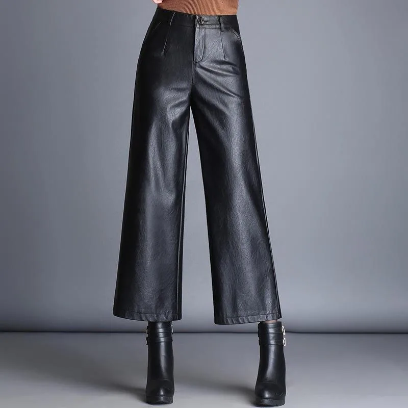 2020 koreanske Bukser Plus Size Høj Talje Pu Bred Ben, Ankel-længde Bukser Kvinder Baggy Sort Skinnende Imiteret Læder Dame Løse Bukser 4