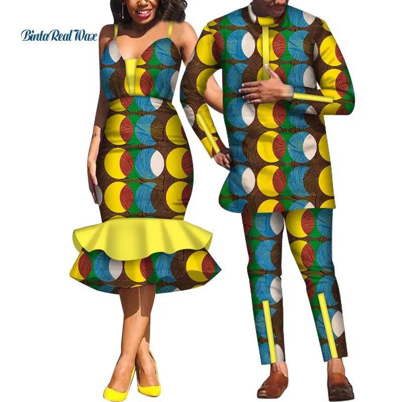 Afrikanske Kjoler til Kvinder Bazin Herre Skjorte og Bukser Sæt Elsker Par Tøj Print Slynge Kjole Afrikansk Design Tøj WYQ532 4
