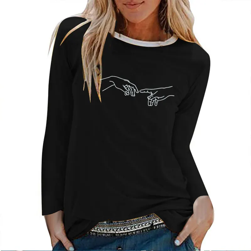 To Hænder Udskrivning langærmet T-shirts Kvinder Efterår og Vinter 2020 Grafiske Tees Streetwear Hvid O-Hals Tøj Femme Ropa Mujer 4