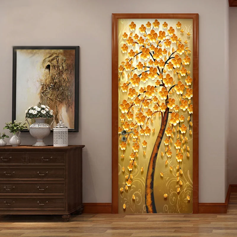 Europæisk Stil Retro Golden Tree Vægmalerier Tapet 3D Abstrakt Kunst Døren Mærkat PVC Selvklæbende Vandtæt vægbeklædning Åben himmel 4
