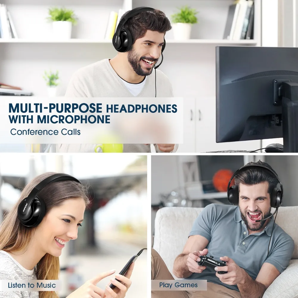 Mpow Over Ear Hovedtelefoner Med støjreducerende krystalklart Mikrofon Sammenklappelig Headset Med AUX-og USB-Stik Til PC/iPad 4