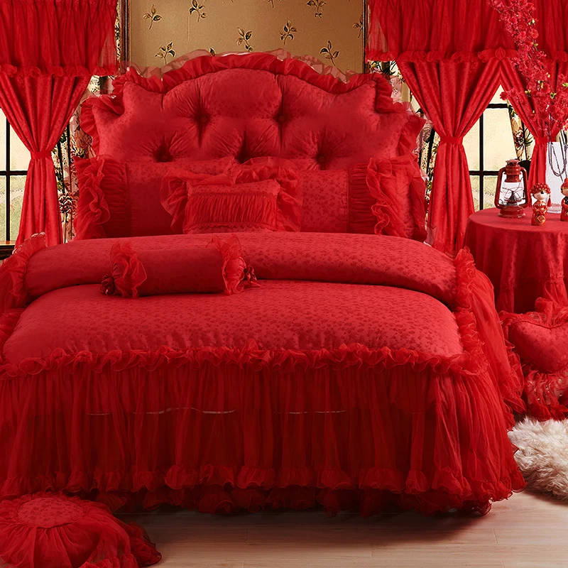 Rød Pink Luksus-Lace Wedding Strøelse sæt King-værelse med Queensize-Seng Sengetæppe bed nederdel sæt Dekoration Duvet cover sæt sengetøj 4