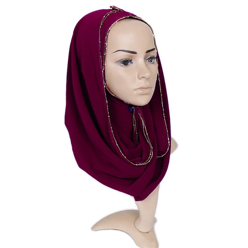 1 Stk Almindeligt Guld Perler Kæde Boble Chiffon Instant Hijab Eller Tørklæde Damer Wrap Sjaler Muslimske Hovedbøjle Mode Maxi Islamiske Sjaal 4