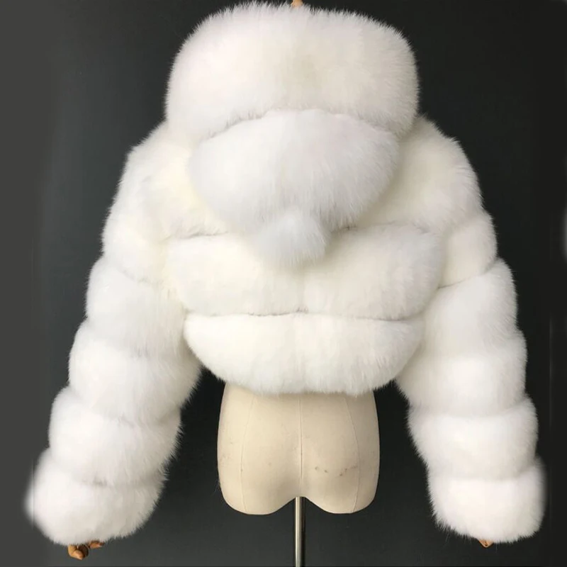 Vinteren Varmt Satin Fox pelsfrakker Kvinder Fluffy Pels Beskåret Jakker med Hætte Outwear Kvindelige Kunstig Pels i Høj Kvalitet 4