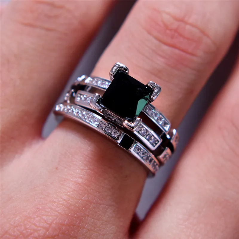 Mand Kvinde Black Stone Ring Sæt Elsker Zircon Ring Fashion Sølv Farve Fyldt Smykker Løfte Engagement Ringe Til Mænd Og Kvinder 4