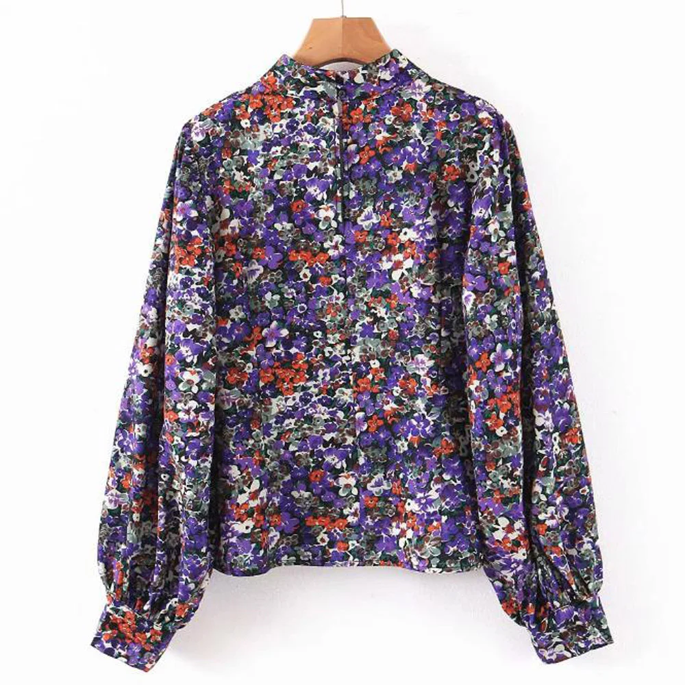 Kvinder Bluser 2021 Lanterne Ærme Stå Krave Vintage Skjorte Lilla Blomstret Print, Smock Shirts Koreanske Smarte Læg Chemise Toppe 4