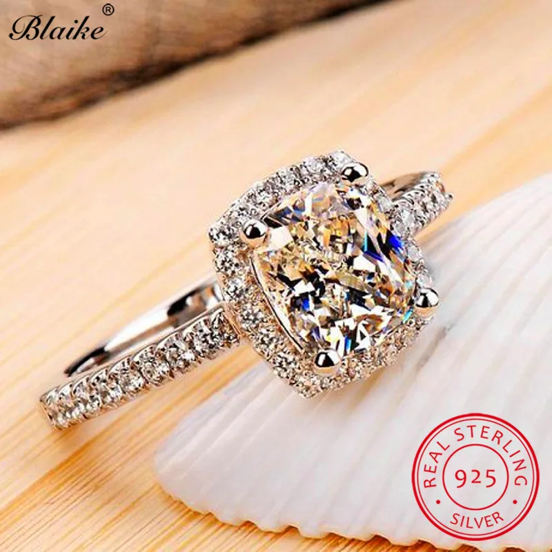 S925 Sterling Sølv Ringe For Kvinder Bryllup Bands Square Crystal Sten Løfte Engagement Ring Hvid Blå Safir Ring Smykker 4