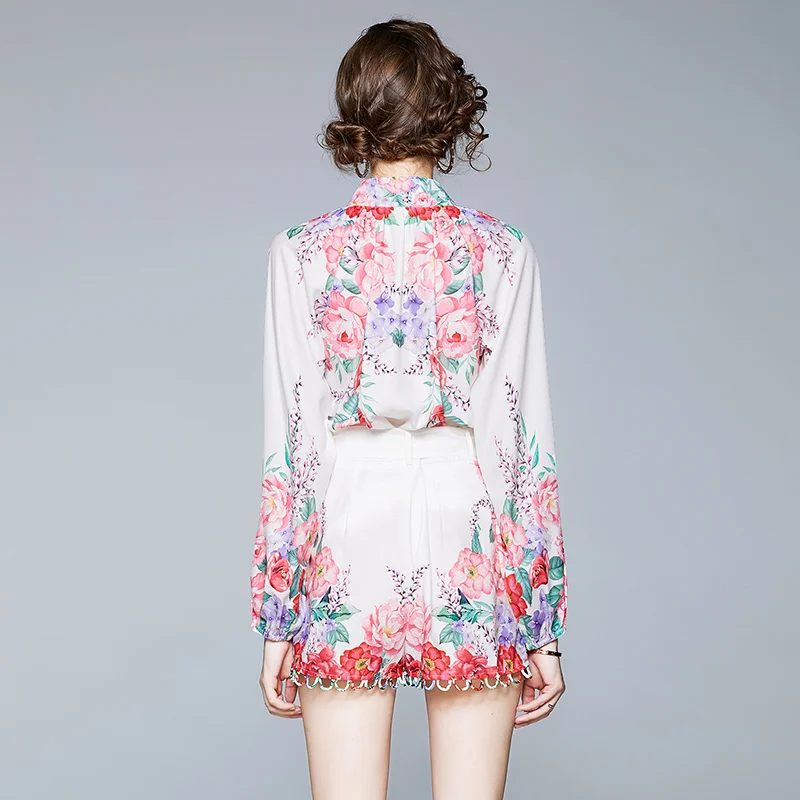 2020 Efterår Mode Elegant Blomster Print langærmet Skjorte + Høj Talje Lace-up Bred Ben Shorts To-delt Sæt Leisure Suit Kvinder 4