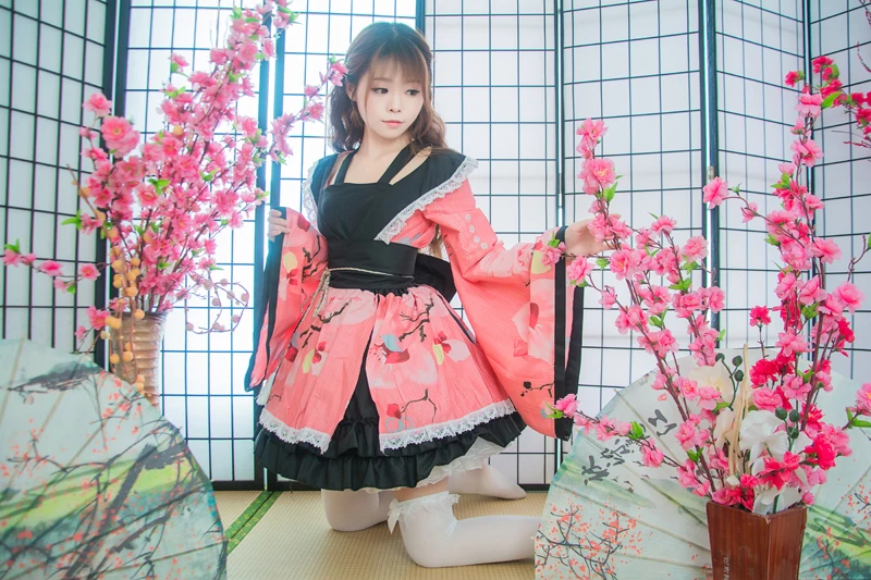 Shanghai Historie Bomuld Blomst Udskrivning Blonde Kant Yukata Kimonoer Stuepige Kjole Animationsfilm Lolita Sæt Meidofuku Uniform Outfit 4