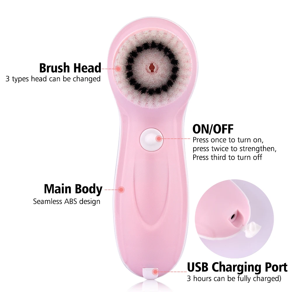 AGDOAD Ansigt Udrensning Børste Elektrisk Ansigt Hud Rengøring af Værktøj med 3 Typer Børste Hoved USB-Opladning, Deep Cleansing Facial Børste 4