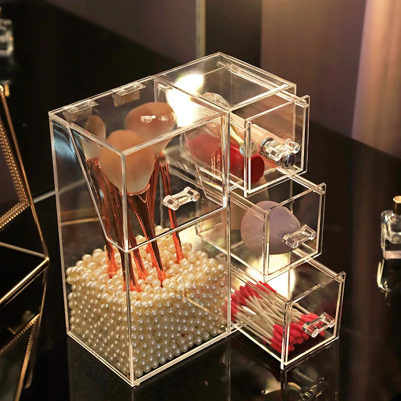 Klar Akryl Clamshell Makeup Pearl Boks Med Skuffer Læift Makeup Pensler Holder Max Smykker Kosmetiske Værktøjer Organizer 4
