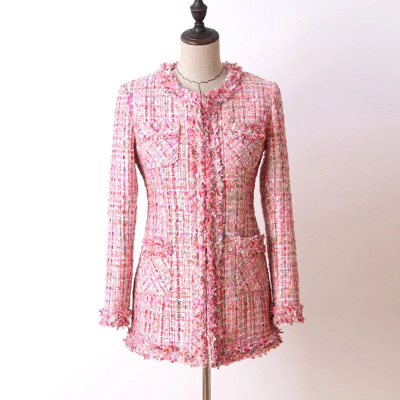 Pink paillet tweed jakke i lange afsnit 2020 efterår/vinter Kvinders pels jakke Haute Couture damer frakke 4