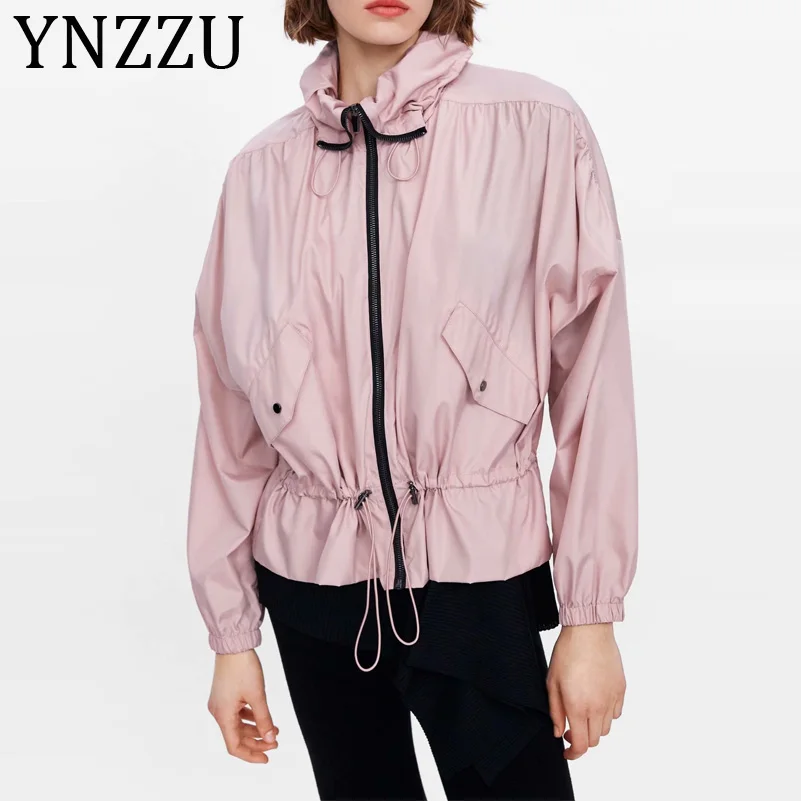 YNZZU Casual Solid Pink Kvinders Jakke med sportstøj 2019 Nye Smarte Hætte med Lange Ærmer Løs Kvindelige Solcreme Pels Outwears AO980 4