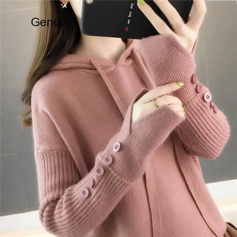 Casual Hooded Sweater 2020 Nye Efterår Og Vinter Koreansk Stil Kvinder Løs Solid Knappen Strik Kvindelige Pullover Sweater Sueter 4
