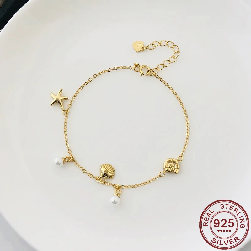 925 Sterling Sølv Shell Søstjerner Pearl Conch Ocean Element Charme Armbånd Hånd Smykker til Kvinder Guld Farve Tilbehør 4