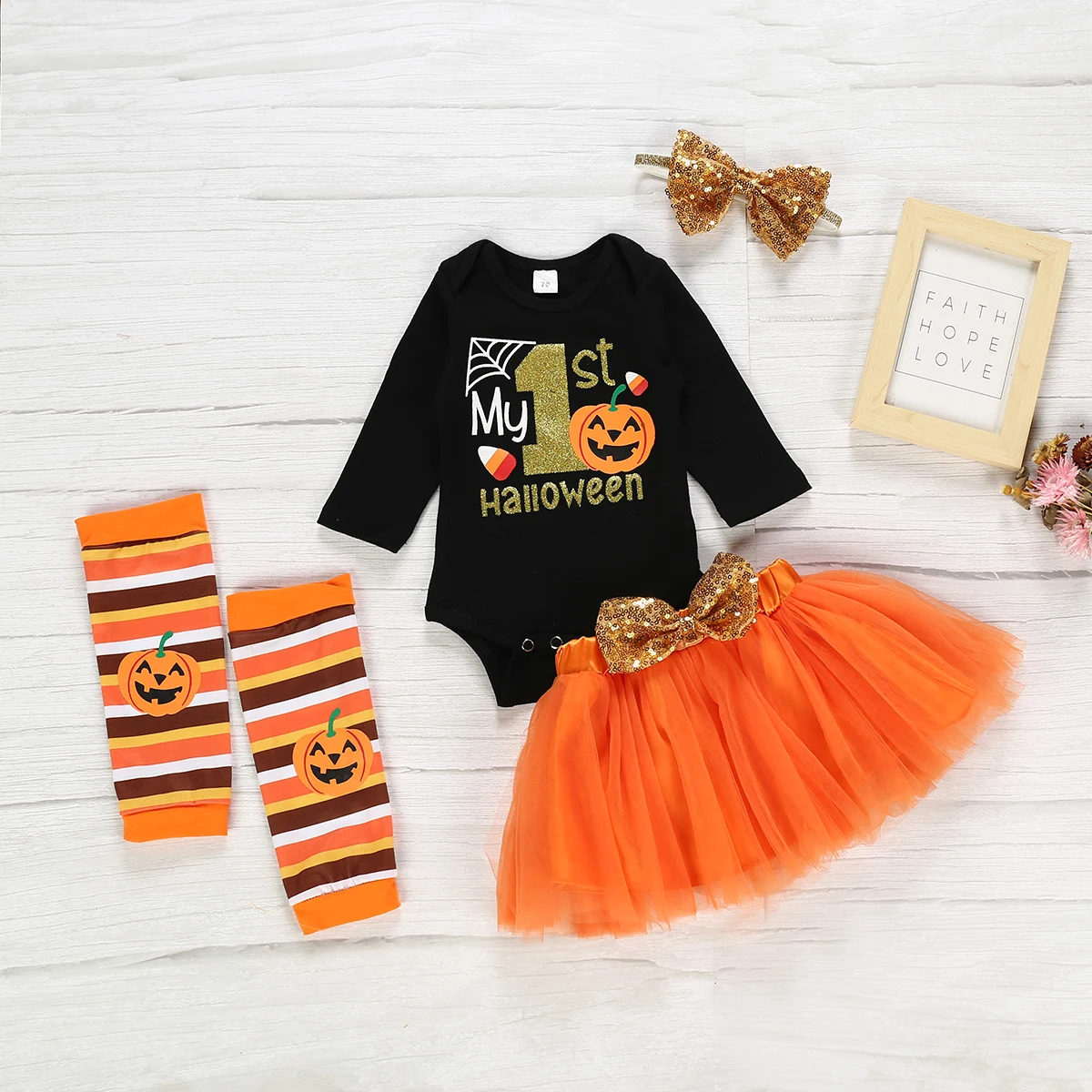 2020 Baby Pige Halloween Outfits Brev Print Sparkedragt+Pailletter Bue +Chiffon Tutu Nederdel+benvarmere+ Pandebånd Tøj Sæt 4stk 4