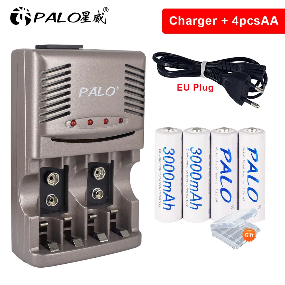 PALO 4-12pcs AA genopladelige batteri AA 3000mah 1,2 V AA batteri til kamera+aa aaa batteri oplader til 9V batteri oplader LED-display 4