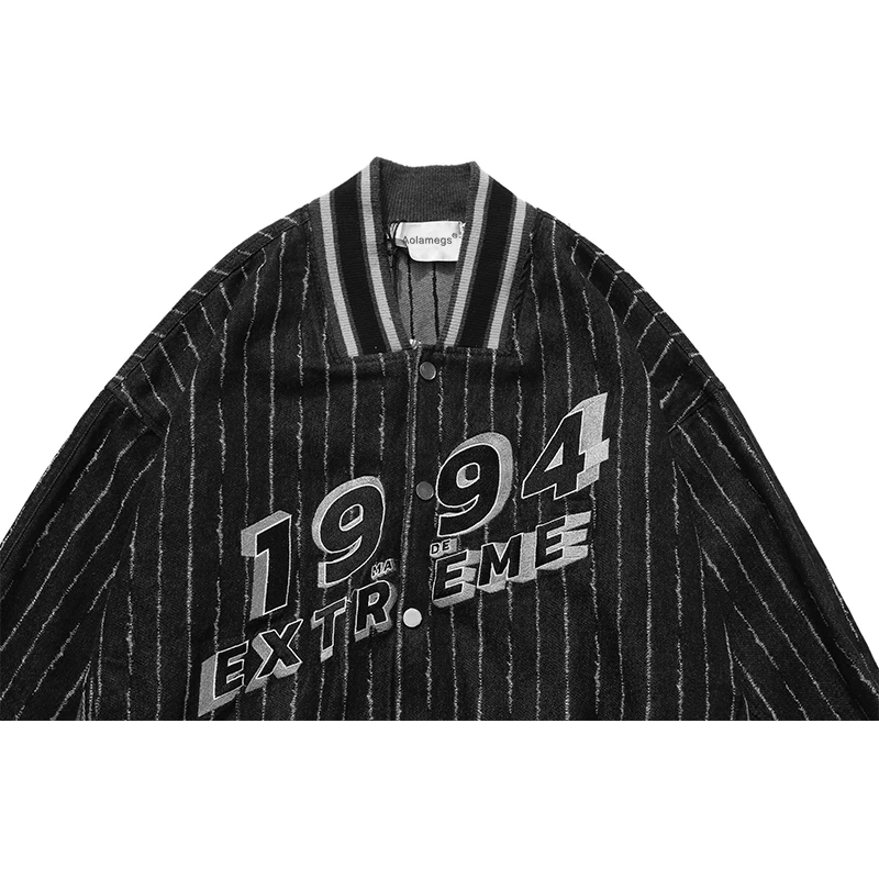 Aolamegs Baseball Denim jakke Mænd, Single Breasted Stribet Print Bombefly Jakke Efteråret Retro Harajuku College Stil mænd tøj 4