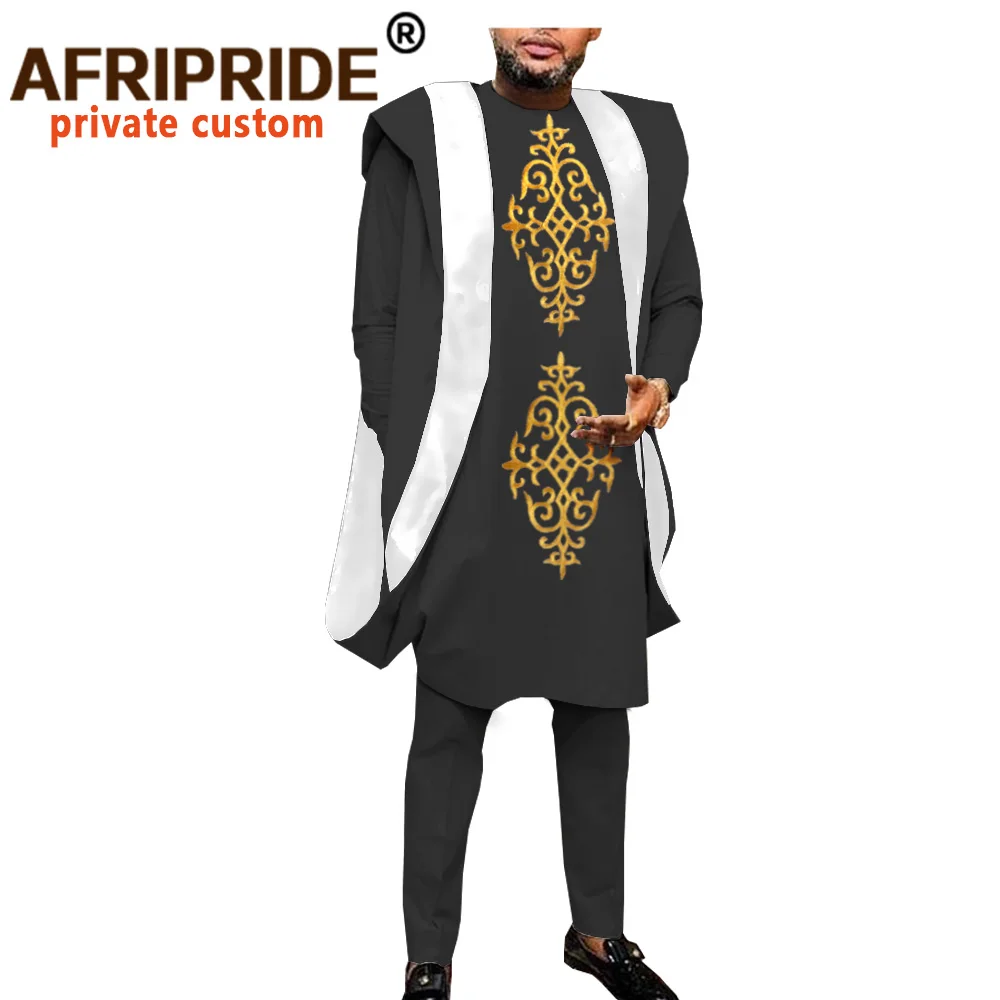 Afrikanske Tøj til Mænd Dashiki Broderi Agbada Robe Plus Size Dashiki Udstyr, Jakker, Skjorter og Bukser, 3 delt Sæt A2016044 4