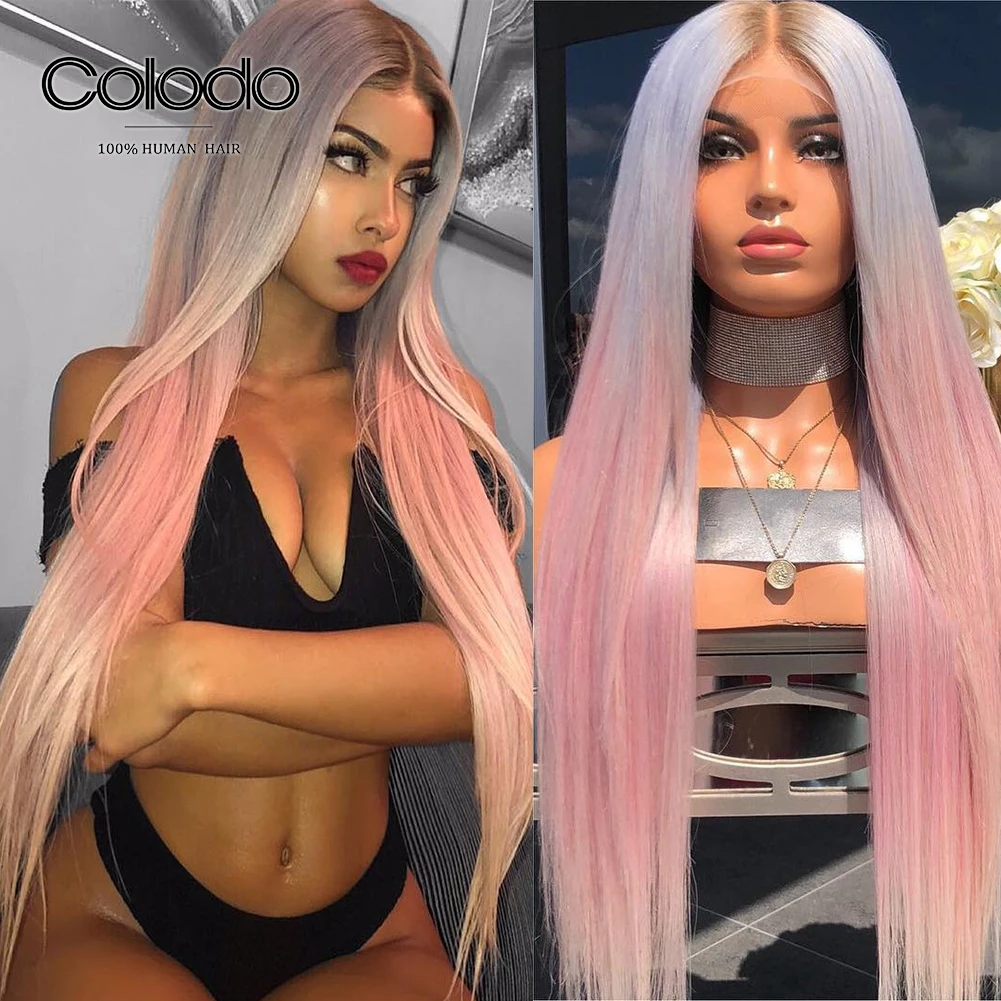 COLODO Pink Ombre Paryk af menneskehår Pre Plukkede Lilla Lige Lace Front Wig-Brazilian Remy Full Lace menneskehår Parykker Til Kvinder 4