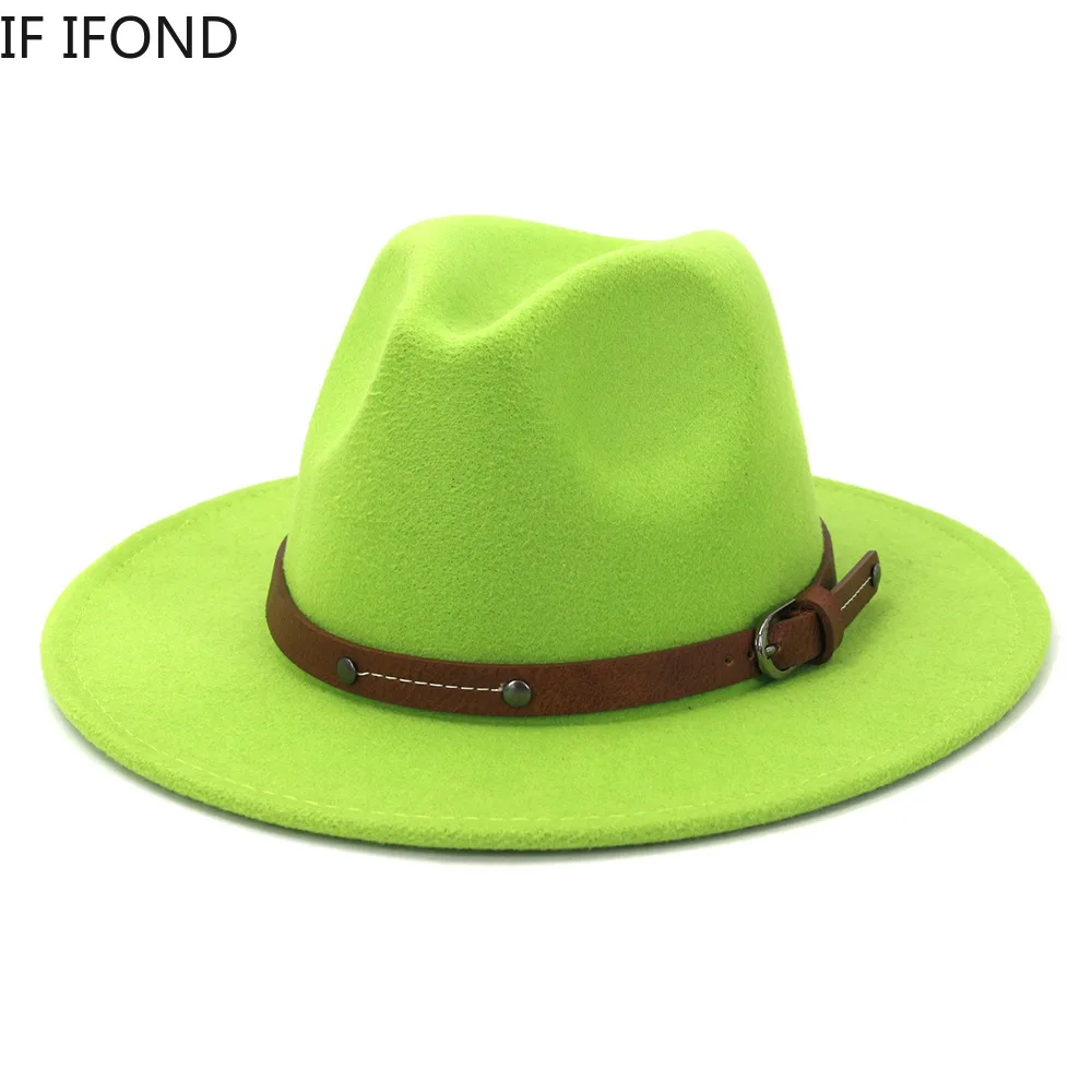 Lady Britisk Mode Wide Brim Enkel Top Fedoras Hat Unisex Jazz hat Med Bælte Vintage Trilby Filt Hat 4