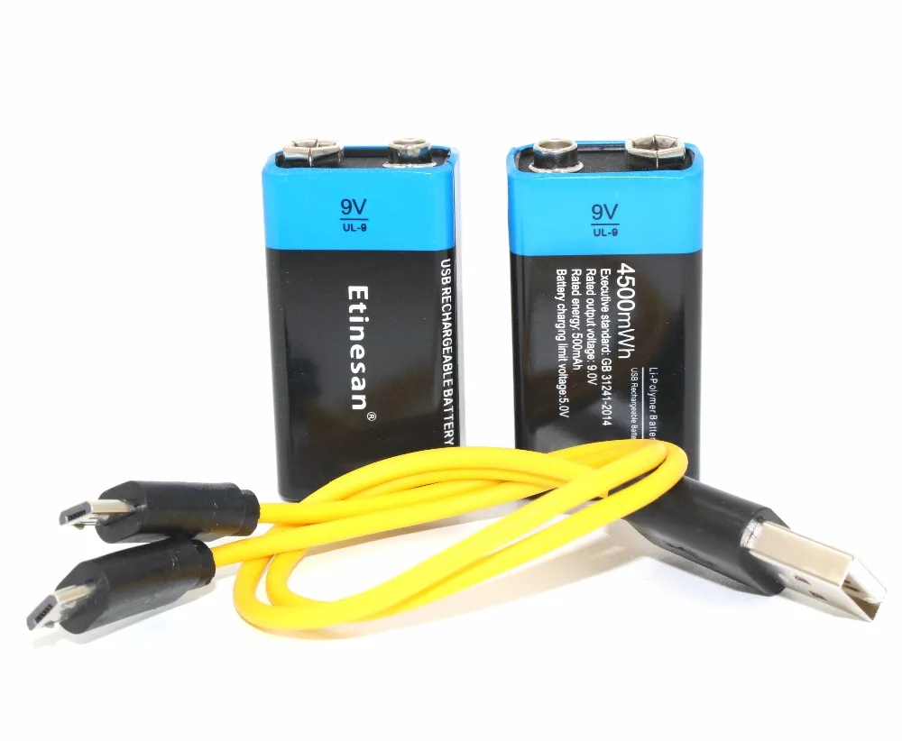 4STK Etinesan 9V 4500mWh lithium-ion li-polymer genopladelige batterier + USB-oplader-kabel-sæt 4