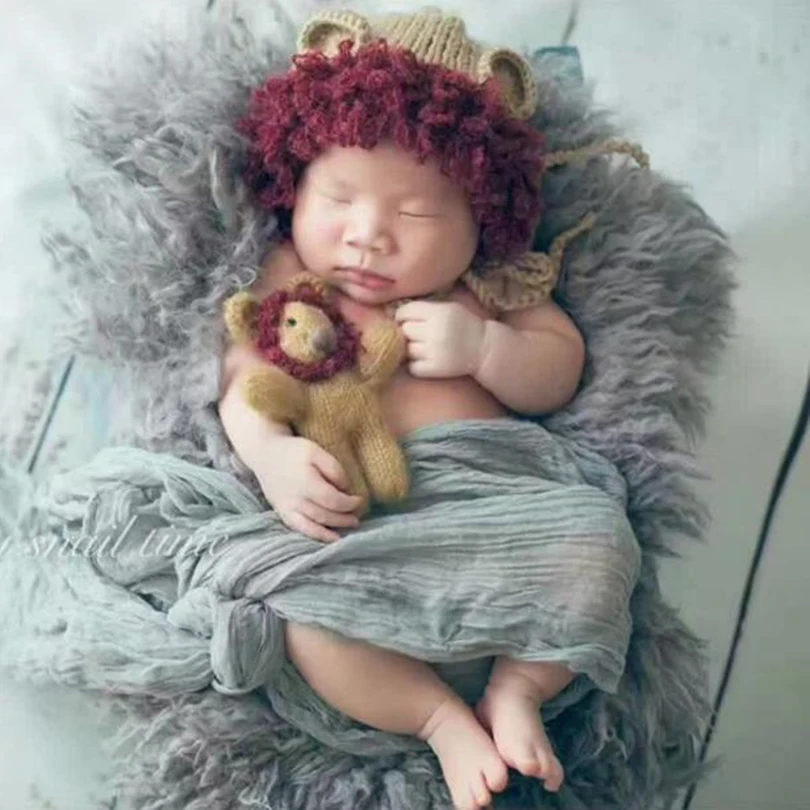 Creme Nyfødte Lion hat toy sæt Baby dreng hat Fotografering Udstoppede Dyr Strikket Spædbarn Bamse Bunny Outfit foto rekvisitter 4