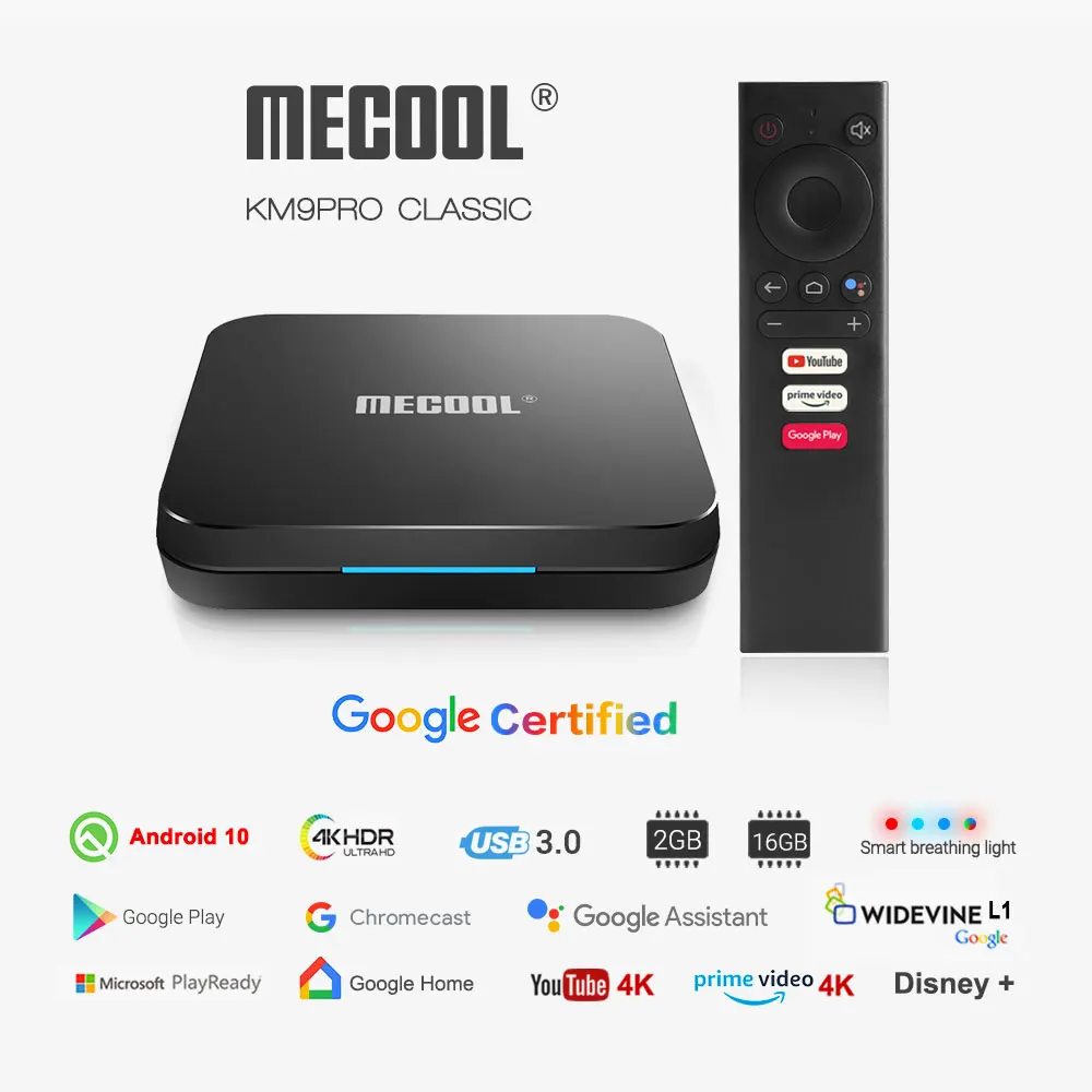 Mecool KM9 Pro Classic Android 10.0 WiFi-TV-Boksen Amlogic S905X2 2G RAM 16G ROM 2,4 G 4K-Certificerede Google Media Player Konsol 4