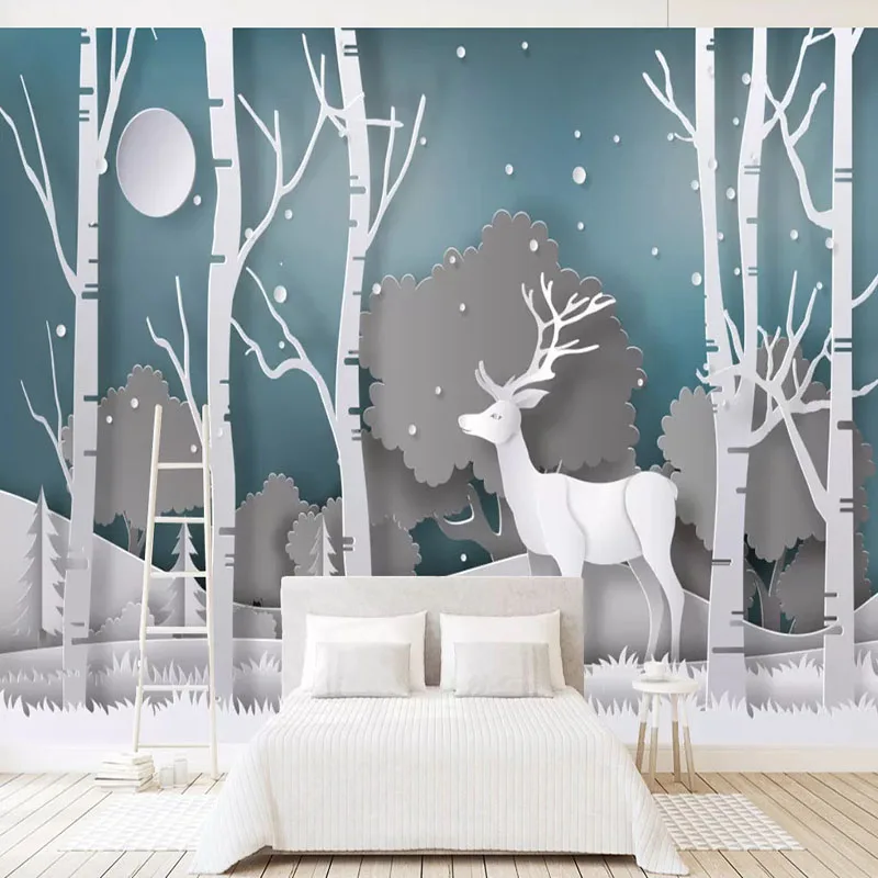 Selvklæbende Tapet Moderne Abstrakt Skov Elk Vægmalerier Stue Kids Soveværelse Baggrund Wall Sticker 3D-Vandtæt 4