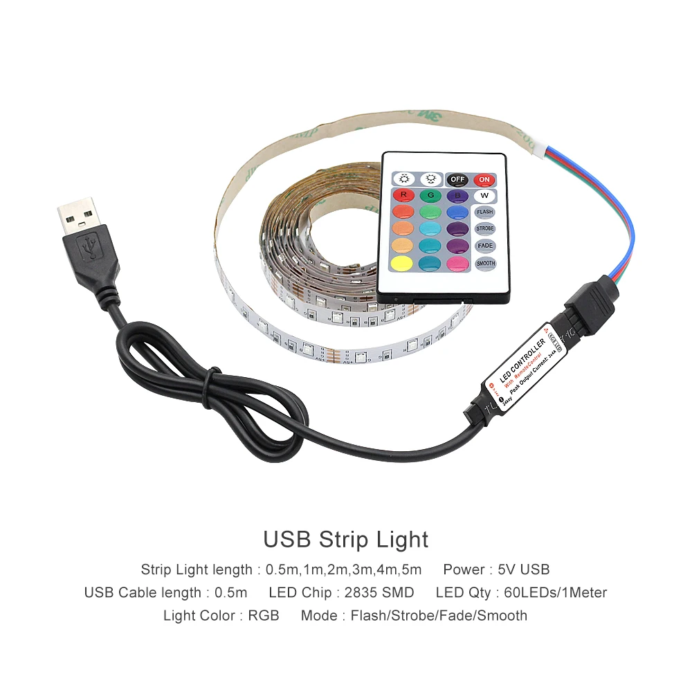 RGB LED Strip Light Med Fjernbetjening 24keys USB 5V 1M 2M 3M 4M 5M Vandtæt Fleksibel Tape Lys For TV Baggrund Baggrundsbelysning 4