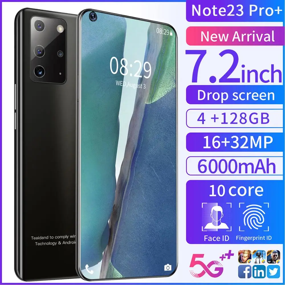 Note23 Pro+ Vand Drop Stor Skærm Smartphone 4+128G Hot Bøje Matteret Glas High-End Ét Stykke Tilbage Dække Dobbelt Kort Dobbelt Stå 4