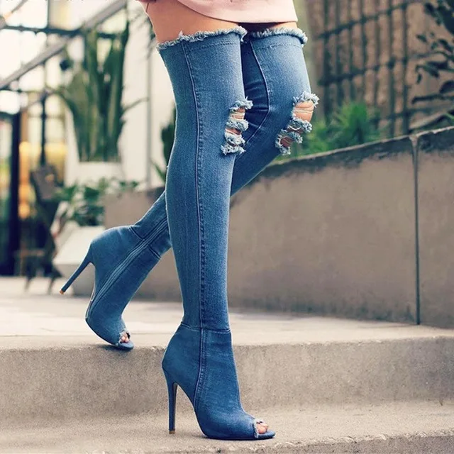 Mode hul jeans sexy høje støvler kvinder sko 2021 høj hæl over knæ stræk kvinder støvler åben tå denim låret sko kvinde 4