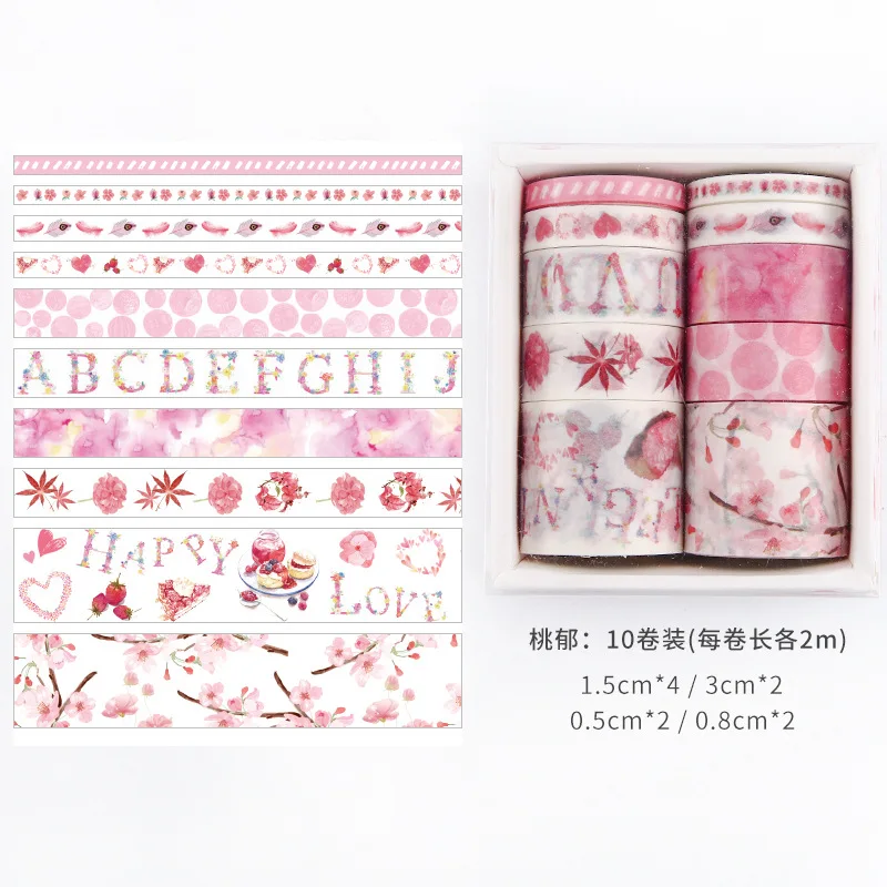10 Ruller Washi Tape Sæt Anlægget Lyserøde Kirsebær Blomster Dekoration Masking Tape Diy Dagbog Scrapbooking Planner Lim Kontorartikler 4