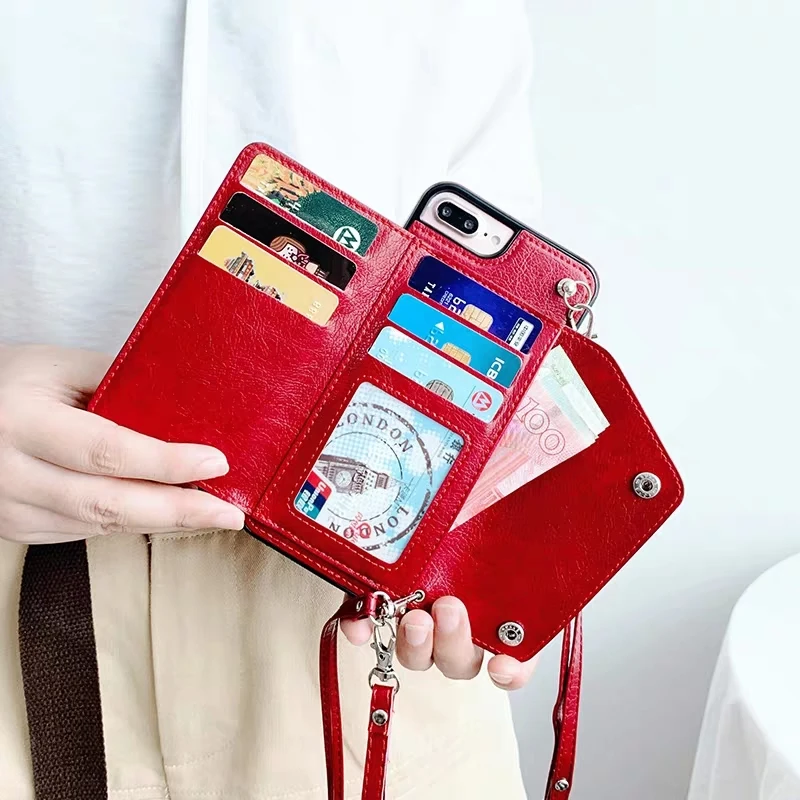 Tegnebog strap cover til iphone 12 mini-11 pro xs antal xr x 7 8 6 6s plus dækning luksus læder-kort skulder rem telefon taske capa 4