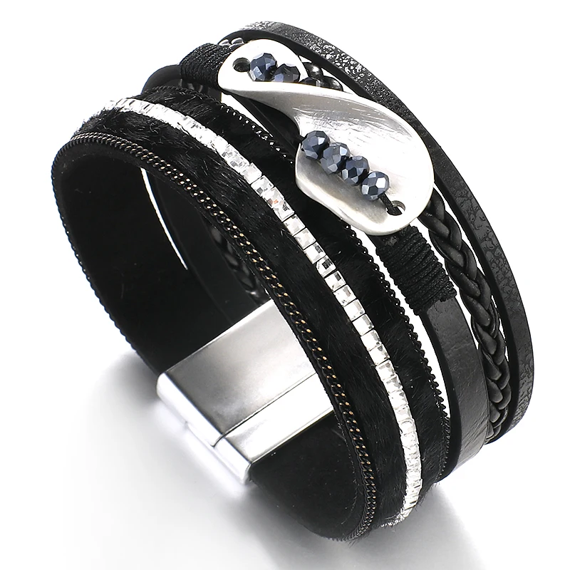 ALLYES Sort Læder Flettet Armbånd til Kvinder dyrehår Udskriver Krystal Kæde Mulitlayer Wrap Infinity Armbånd Smykker 4