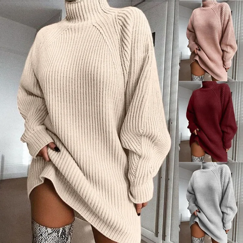 Kvinder Rullekrave Overdimensionerede Strikket Kjole Efteråret Solid Langærmet Afslappet Og Elegant Mini Sweater Kjole Plus Size Vinter Tøj 4