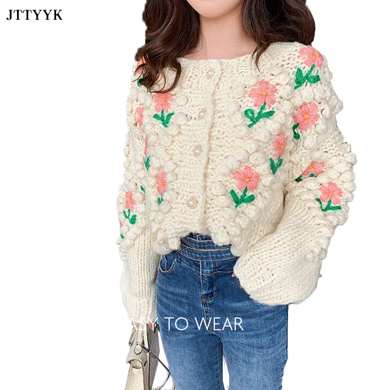 Mi Abrikos Håndlavet Lille Blomst Kvinder Sweater 2021 Efteråret Nye koreanske Version Løs Vilde Damer Strikket Cardigan Jakke Kvinder 4