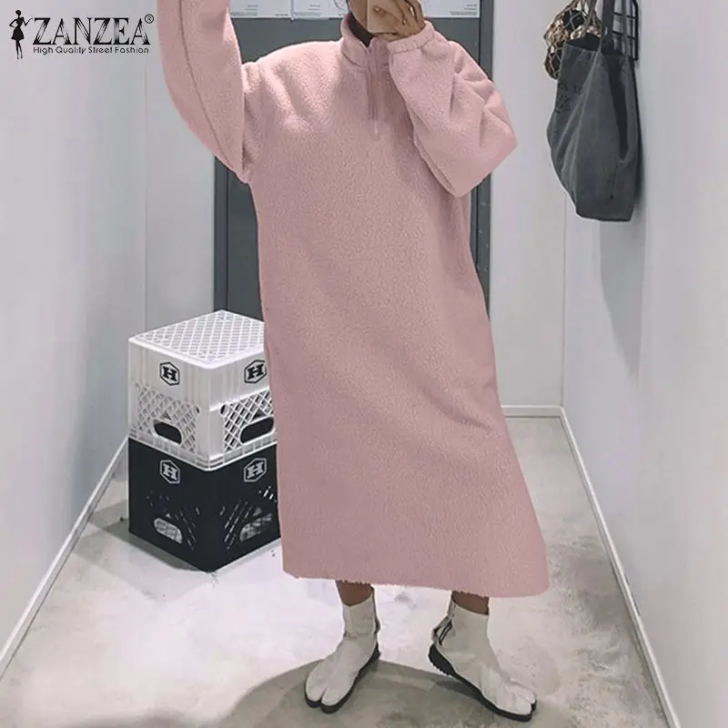 Elegante Bløde Hoodies Kjole Kvinders Split Sweatshirt Robe ZANZEA 2021 Lang Sleece Maxi Vestidos Kvindelige Rullekrave Pullovere 5XL 4