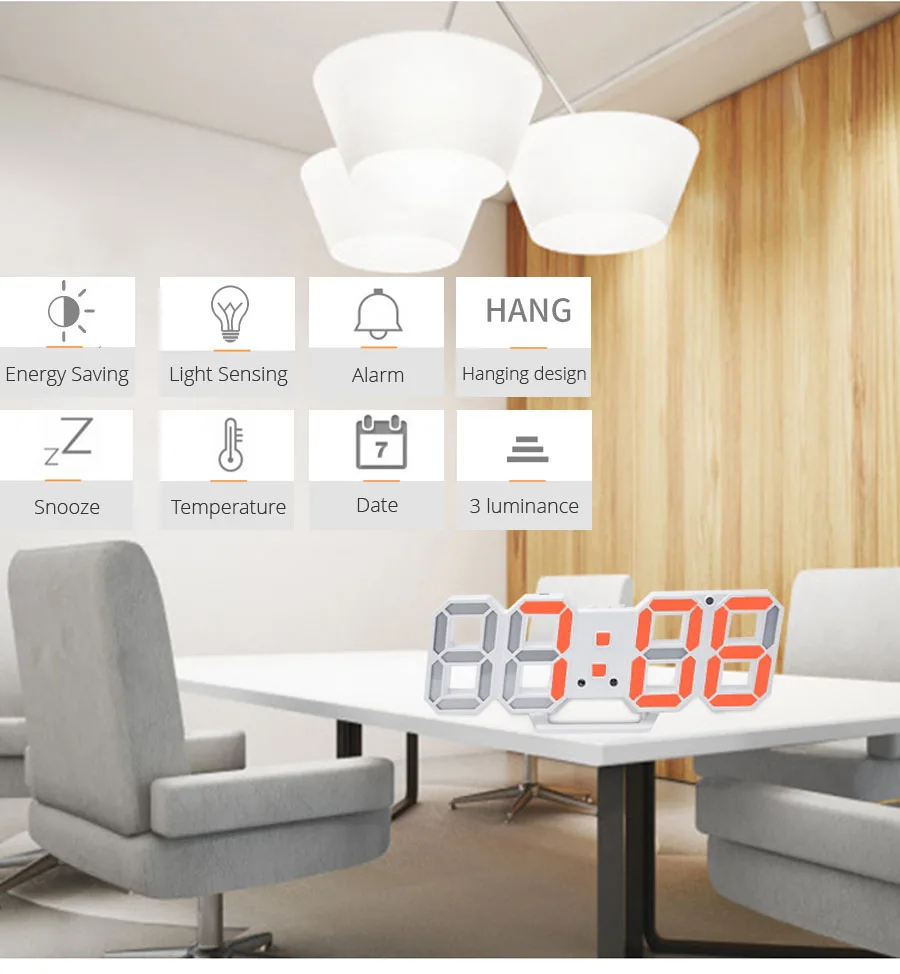 3D LED-vægur Moderne Design, Digitalt Tabel Alarm Nightlight Saat reloj de skrabede Se For Hjem, Stue Dekoration 4